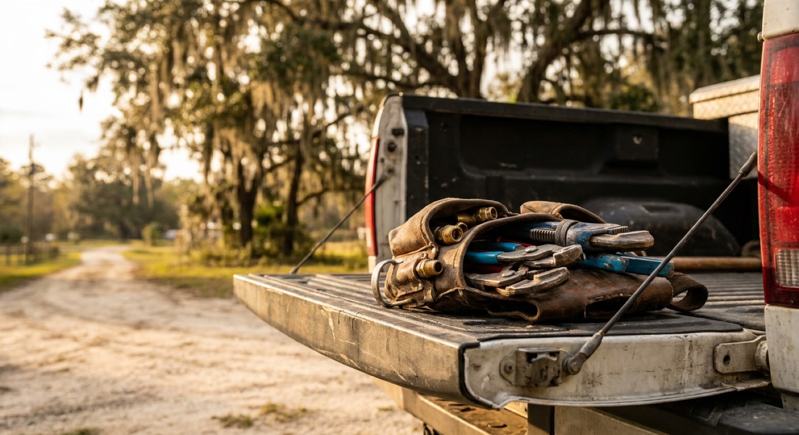 Swamp City Plumbing tools on a Gainesville work truck